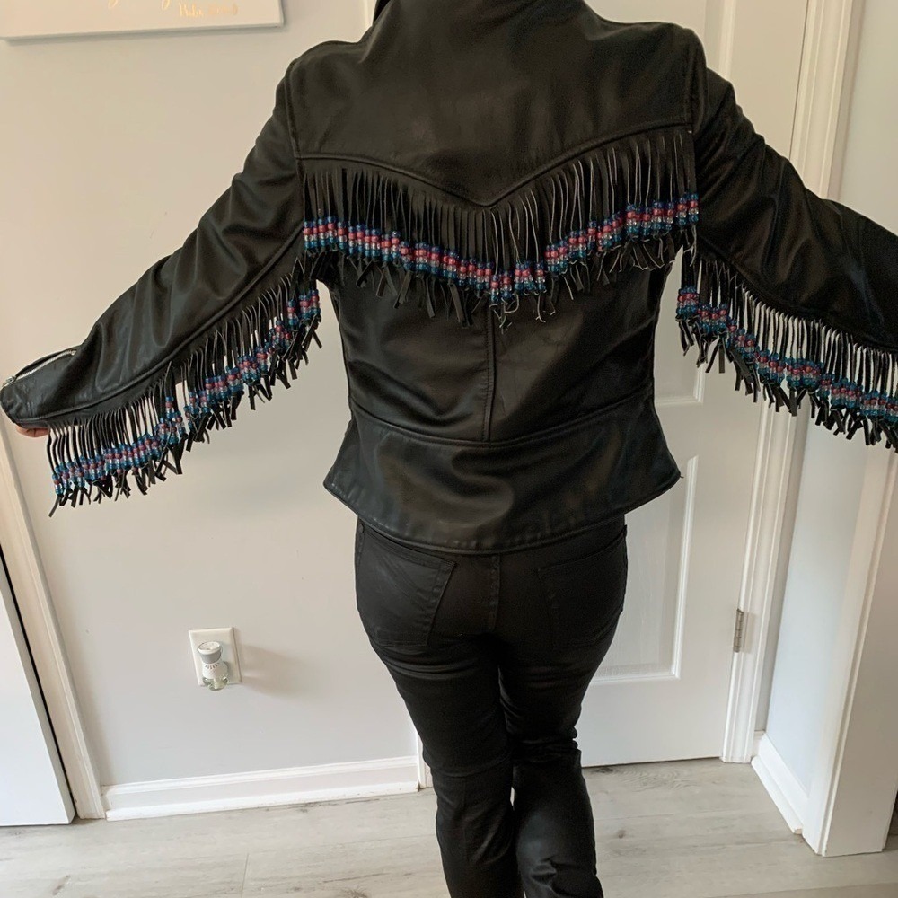 Vintage Black Leather Racer Motorcycle‎ Lined Jacket tassels beaded customized